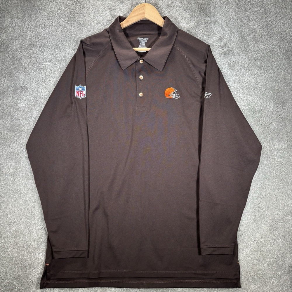 Reebok Cleveland Browns Polo Shirt Mens L Brown Long Sleeve Embroidered Logo NFL
